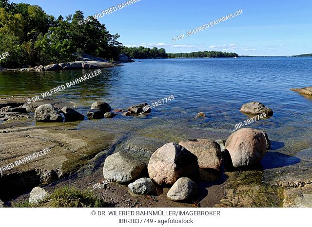 Typical round polished rocks, roches moutonnées, on Finnhamn Island in the Stockholm Middle Archipelago, Stockholm, Sweden