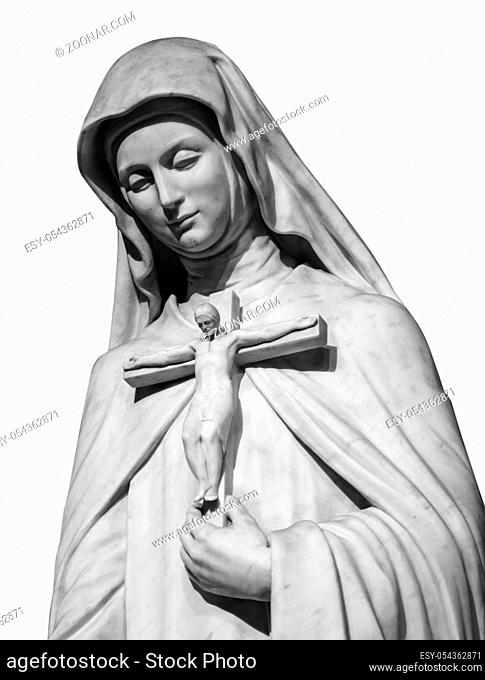 Ancient statue of the Virgin Mary withwoman statue crucifixion
