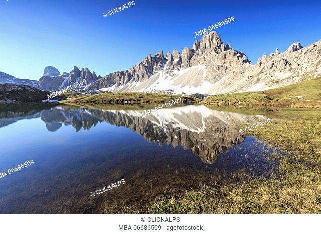 Mount Paterno reflected in Laghi dei Piani. Sesto Dolomites Trentino Alto Adige Italy Europe
