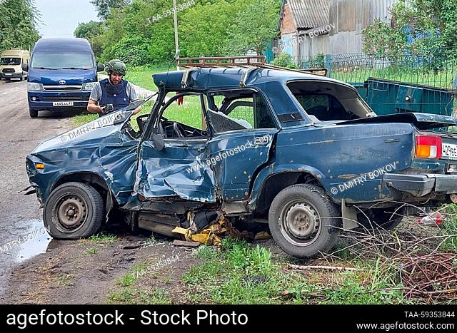 RUSSIA, BELGOROD REGION - MAY 24, 2023: A car has been wrecked in the village of Glotovo during the May 23 cross-border attack by a Ukrainian sabotage and...
