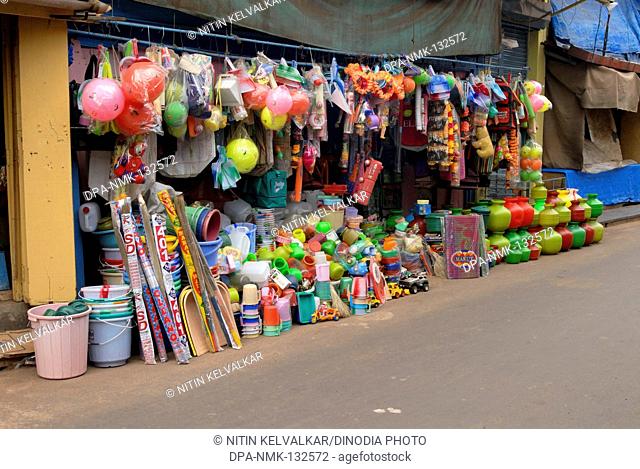 Shop of various household plastic articles at main market road at Malvan ; southern Konkan coast ; District Sindhudurg ; Maharashtra ; India