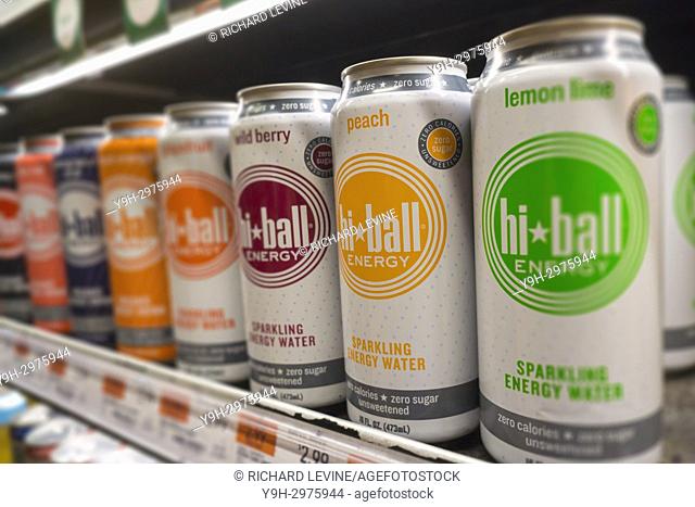 Cans of Hi-Ball energy drinks in a supermarket cooler in New York on Thursday, July 20, 2017. AB InBev (Anheuser-Busch) announced it will acquire Hiball Energy...