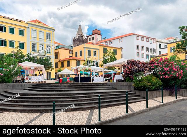Funchal at Madeira, Portugal - August 01, 2014: Small square with some restaurants downtown Funchal city, Madeira Island