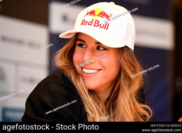 Czech snowboarder and alpine skier Ester Ledecka smiles during a press conference before start of the season, on October 14, 2021, in Prague, Czech Republic