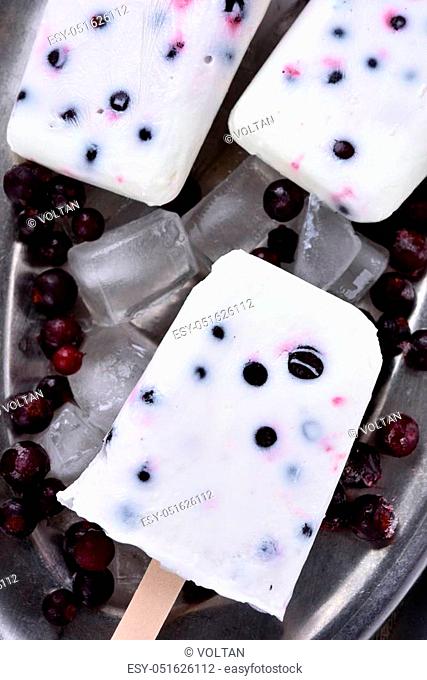 Popsicles from yogurt, blueberry and blackcurrant, close up view, top view