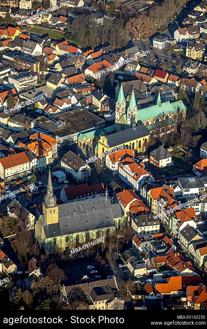 Aerial view, church Sankt Walburga, Pilgrimage Basilica of the Virgin Mary, Franciscan Monastery, Christmas Market, Marktstraße, Walburgisstraße, Werl