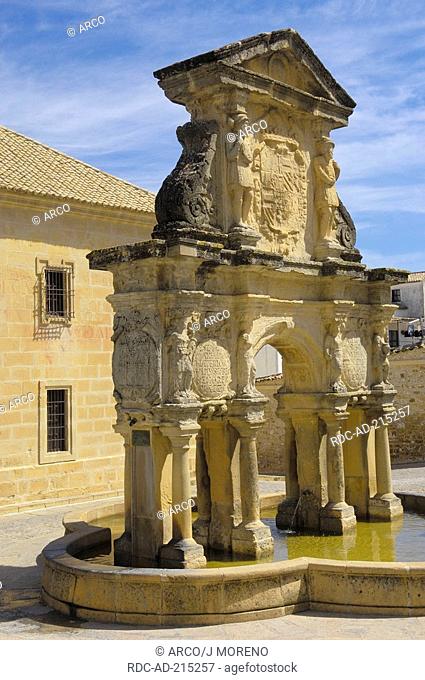 Fountain Fuente de Santa Maria, in front of Seminario de San Felipe Neri, Santa Maria's square, Baeza, Jaen, Andalusia, Spain
