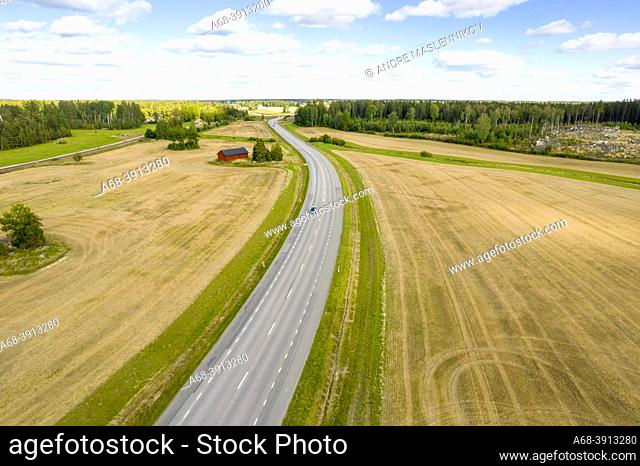 Agricultural landscape with newly harvested fields on both sides of road 72 east of Sala, Västmanland.