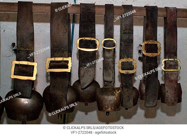 Cowbells of different shapes to put around a cow's neck Valtellina Lombardy Italy Europe