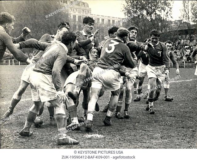 Apr. 12, 1959 - Rugby: French Army Beats British Army (28-3) In Paris: Frenchman Hoche shown in bad position. An incident of the game British army versus French...
