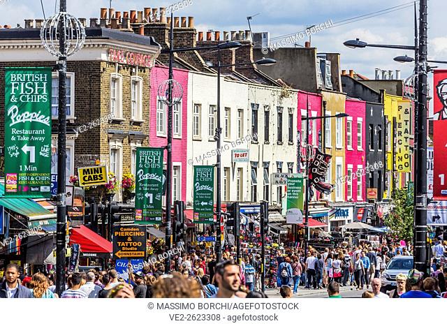 United Kingdom, England, London. Camden Town, people and typical shops in Camden High street