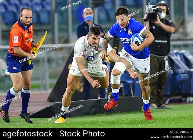 Italy player and England player during the match Italy-England in the Olimpic stadium. Rome (Italy), October 31st, 2020