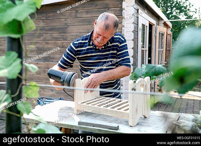 Senior man with woodworking tool doing carpentry at backyard