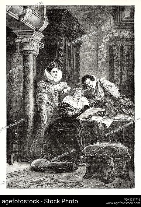 Marie de Medici (Florence 1575 - Cologne 1642) with Leonora Galigai and Concino Concini. France. Old XIX century engraving illustration