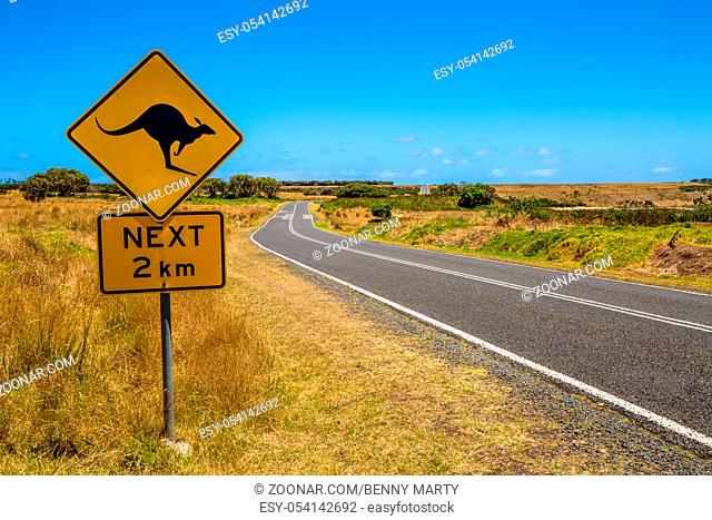 Warning sign for kangaroo crossing on Austalian country road