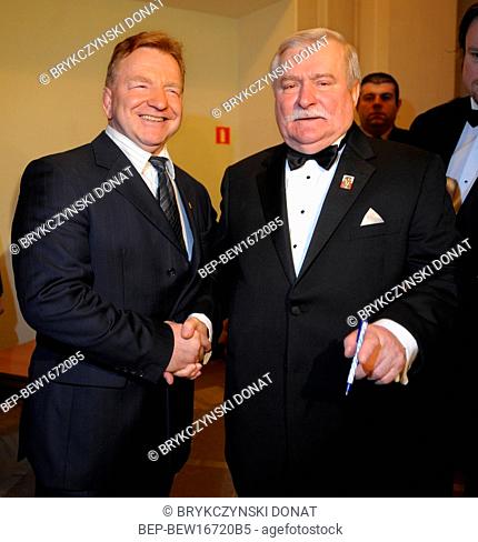 10.01.2009 Warsaw, Poland. Pictured: Andrzej Supron, Lech Walesa (President of Poland between 1990 and 1995, Nobel Prize in 1983)