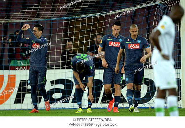 Jose Callejon of SSC Napoli (L-R) celebrates with Gonzalo Higuain, Marek Hamsik and Goekhan Inler after scoring the 1-0 during the UEFA Europa League quarter...