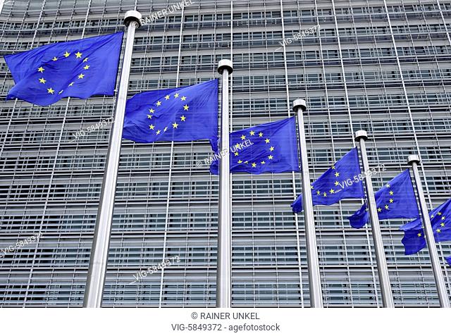 BELGIUM, BRUSSELS, 23.08.2017, BEL , BELGIUM : Flags of the EU in front of the Berlaymont building of the EU-Commission in Brussels , 23.08