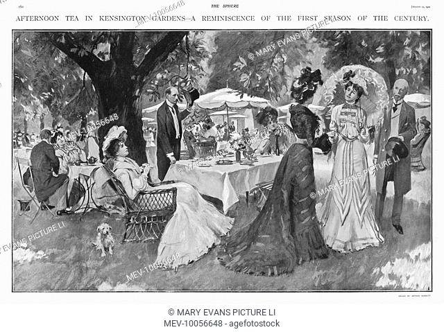 Fashionable folk take tea during the Season, in Kensington Gardens, London