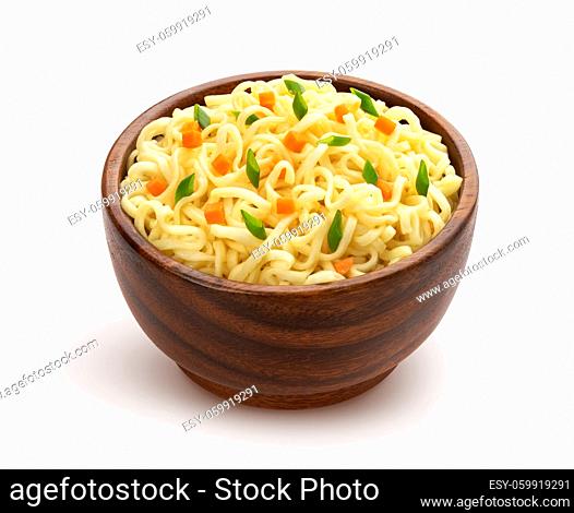 Instant noodles with vegetables and herbs in wooden bowl isolated on white background with clipping path