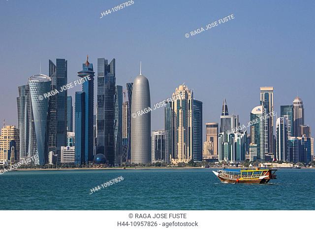 Doha, Qatar, Middle East, architecture, bay, boat, city, colourful, corniche, futuristic, skyline, touristic, travel, water, west, West Bay