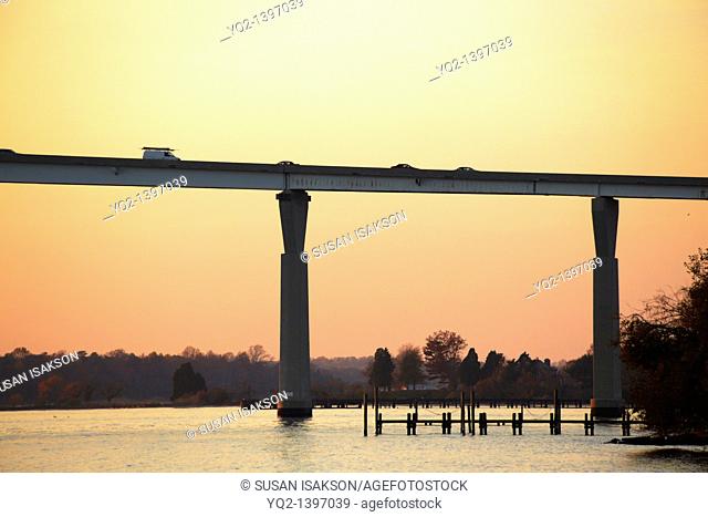 The Governor Thomas Johnson Bridge over the Patuxent River viewed from the boardwalk on Solomon’s Island, Maryland