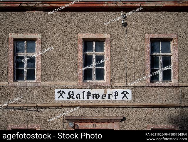 25 October 2021, Saxony, Pockau-Lengefeld: ""Kalkwerk"" stands at the former factor house of the Lengefeld lime works. The building is part of the monument...