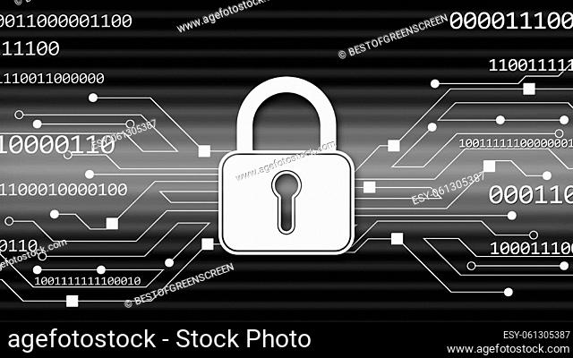 Security technology concept - padlock binary code information connecting lines - 3D Illustration
