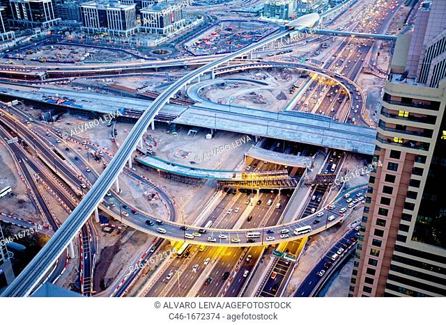 Highway and bridge construction at Sheik Zayed Avenue, Satwa district, Dubai City, Dubai, United Arab Emirates, Middle East