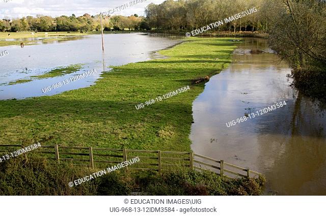 River Deben flooding showing standing water and bank full conditions, Wickham Market, Suffolk, England