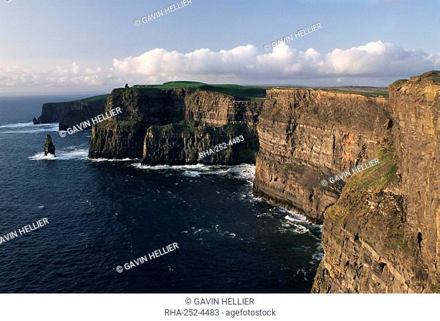 The Cliffs of Moher, rising to 230m in height, O'Brians Tower and Breanan Mor seastack, looking from Hags Head, County Clare, Munster, Eire Republic of Ireland