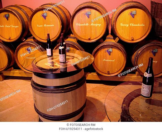 France, Beaune, Burgundy, Cote de Beaune, Cote d'Or, Europe, Burgundy Wine Region, downtown, Domaine des vin, wooden wine barrels, tables