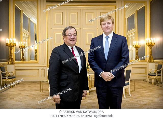 King Willem-Alexander (r) of The Netherlands welcomes prime minister Armin Laschet of German state North Rhine-Westphalia for an audience at Palace Noordeinde...