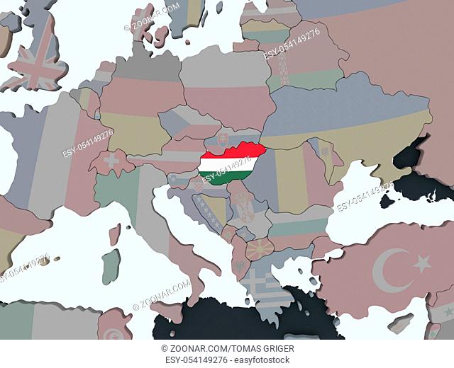 Hungary on political globe with embedded flag. 3D illustration