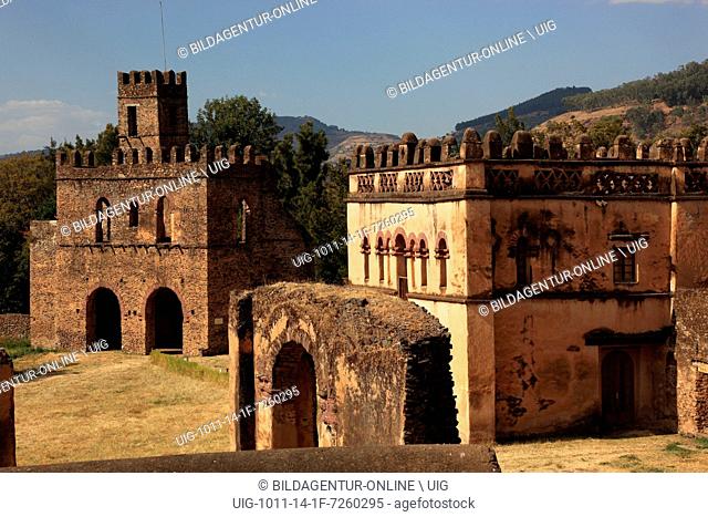Medieval buildings of Fasil Ghebbi or Gemp at Gondar or Gonder, a city and separate woreda in Ethiopia. Located in the Semien Gondar Zone of the Amhara Region