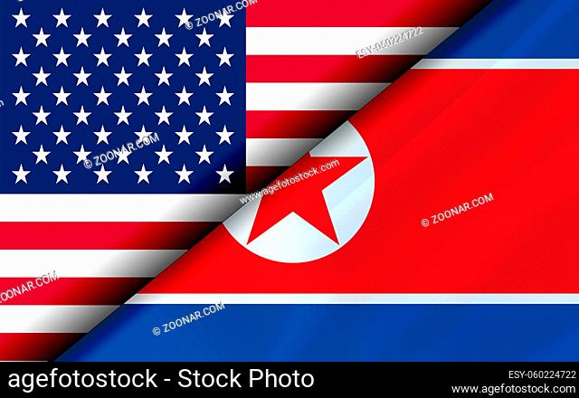 Flags of the USA and North Korea divided diagonally. 3D rendering
