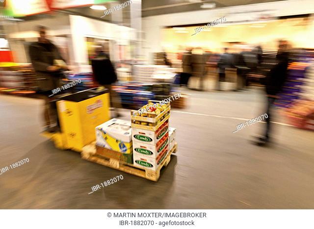 Hand lift with goods in a wholesale for fresh produce, fruits and vegetables, Frankfurt, Hesse, Germany, Europe