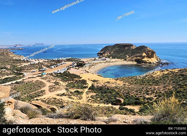 Hiking trail from San Juan de los Terreros to Aguilas with view from above to Playa Cocedores and Carolina, top view, motorhome meeting in winter, Cocedores