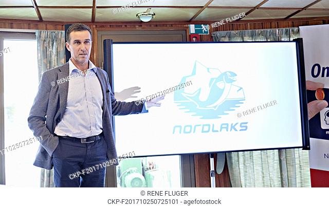Petter Tidemand-Johannessen, founder and Managing Director of Noble Harvest AS, speaks with journalists during a press conference regarding production of fish...