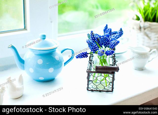 The kitchen windowsill in the morning with muscari flowers