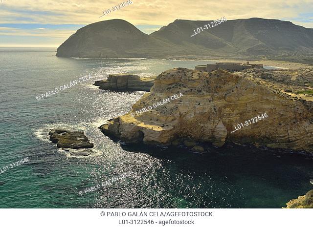 Coastline, Cabo de Gata Natural Park, with Playazo in background. Almeria province, Andalusia, Spain