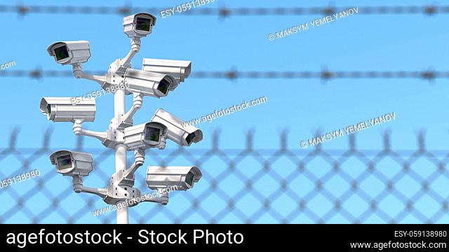 CCTV secutity cameras system and barbed wire fence. Privacy, security and protection concept. 3d illustration