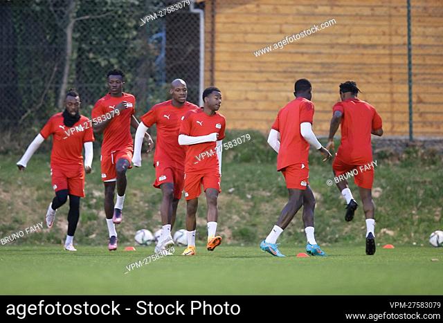 Illustration picture shows a training session of the Burkina Faso National Team, Monday 28 March 2022 in Neerpede, during the preparations for the friendly game...