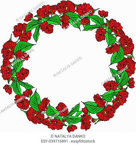 wreath of red sakura flowers and green leaves, empty space in the middle, isolated on white background