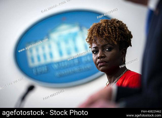 Karine Jean-Pierre, White House press secretary, listens during a news conference in the James S. Brady Press Briefing Room at the White House in Washington, DC