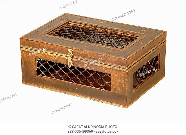 Brass iron design fitting on antique wooden box ; Jodhpur ; Rajasthan ; India
