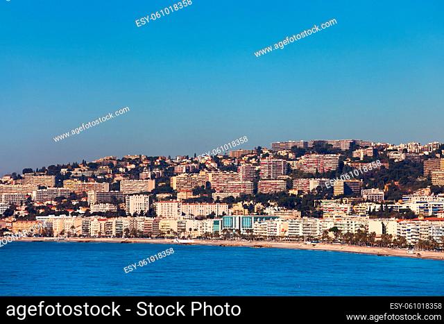 France, Cote d'Azur, Nice city skyline on French Riviera, view from Mediterranean Sea