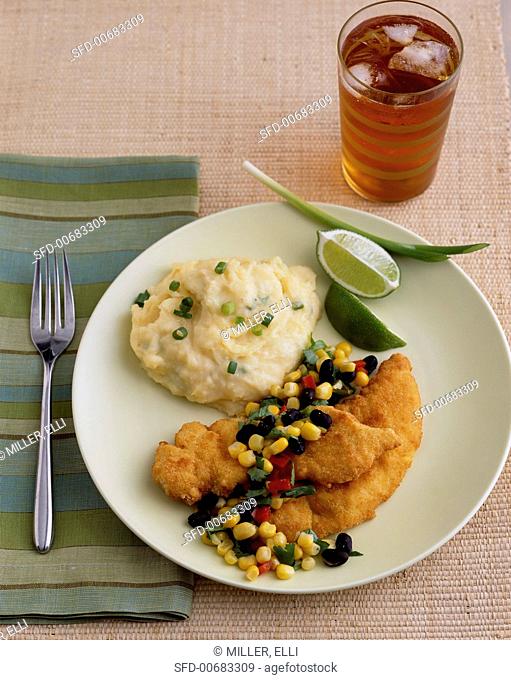 Fried Chicken Tenders with Corn Salsa and Mashed Potatoes