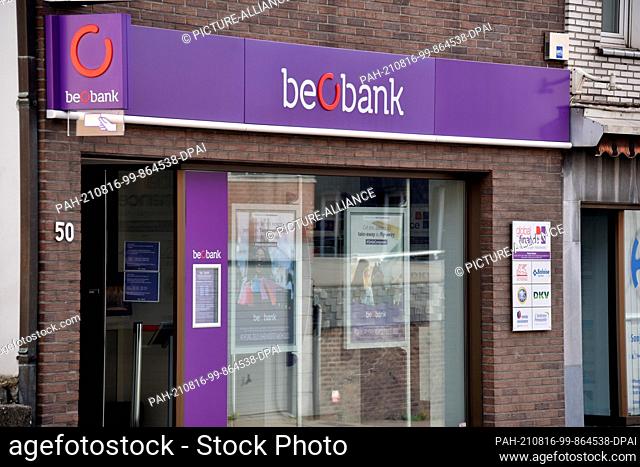 08 August 2021, Belgium, ---: Beobank lettering on a branch. Beo Bank is a Belgian bank owned by the French financial conglomerate Crédit Mutuel Nord Europe