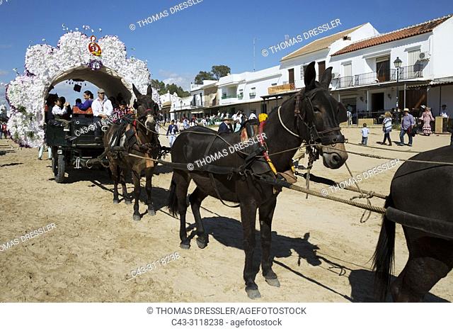 Decorated carriage during the annual Pentecost pilgrimage of El Rocio. Huelva province, Andalusia, Spain